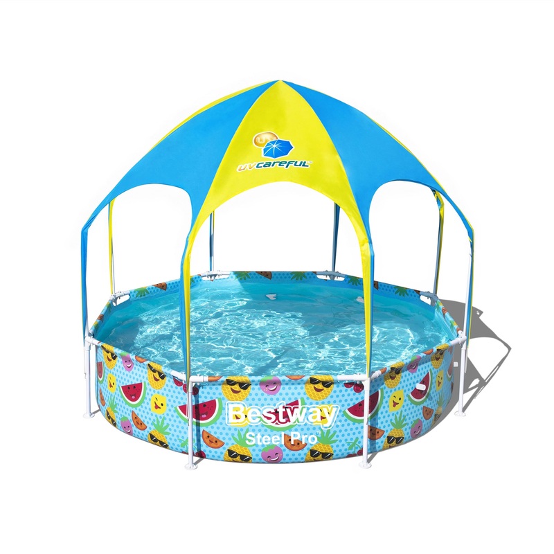 Bestway 8′ x 20 Above Ground Kids Round Swimming Pool with Shaded Canopy, Fruit