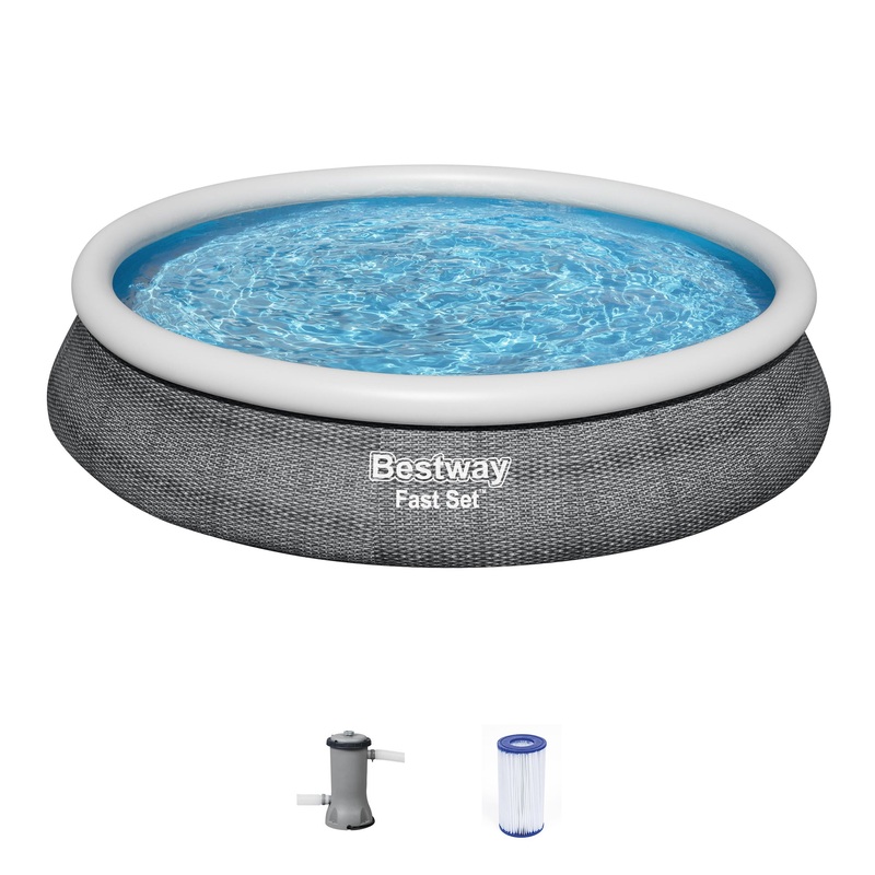 Bestway Fast Set 15’x33 Round Inflatable Outdoor Above Ground Swimming Pool Set