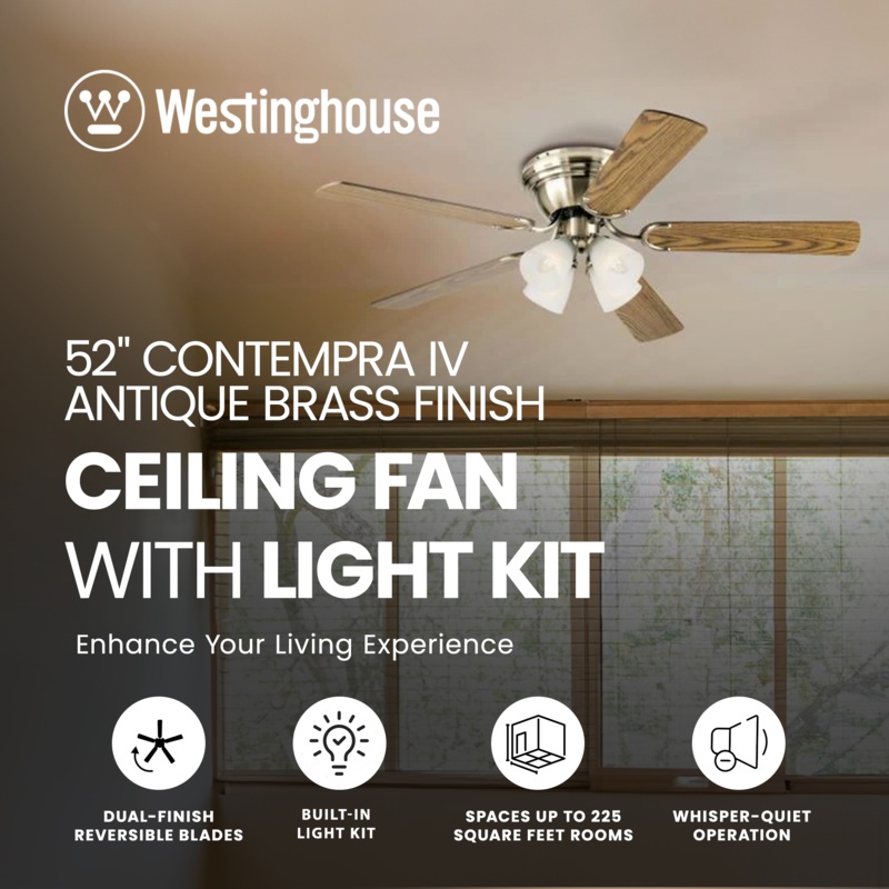 Westinghouse 52 Contempra IV Antique Brass Finish Ceiling Fan with Light Kit