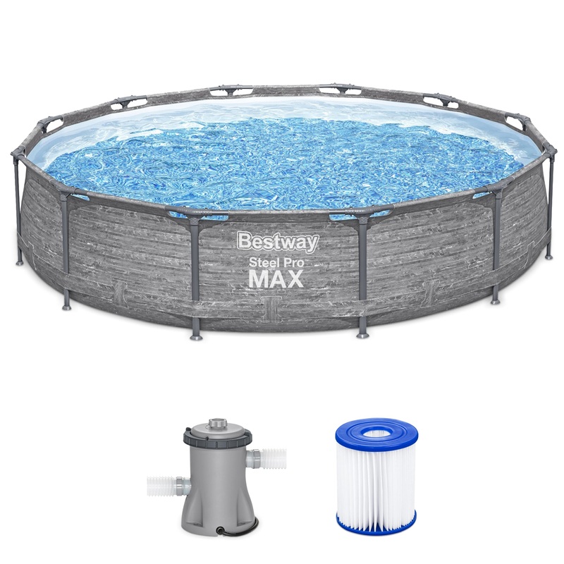 Bestway Steel Pro MAX 12′ x 30 Above Ground Outdoor Swimming Pool Set, Gray