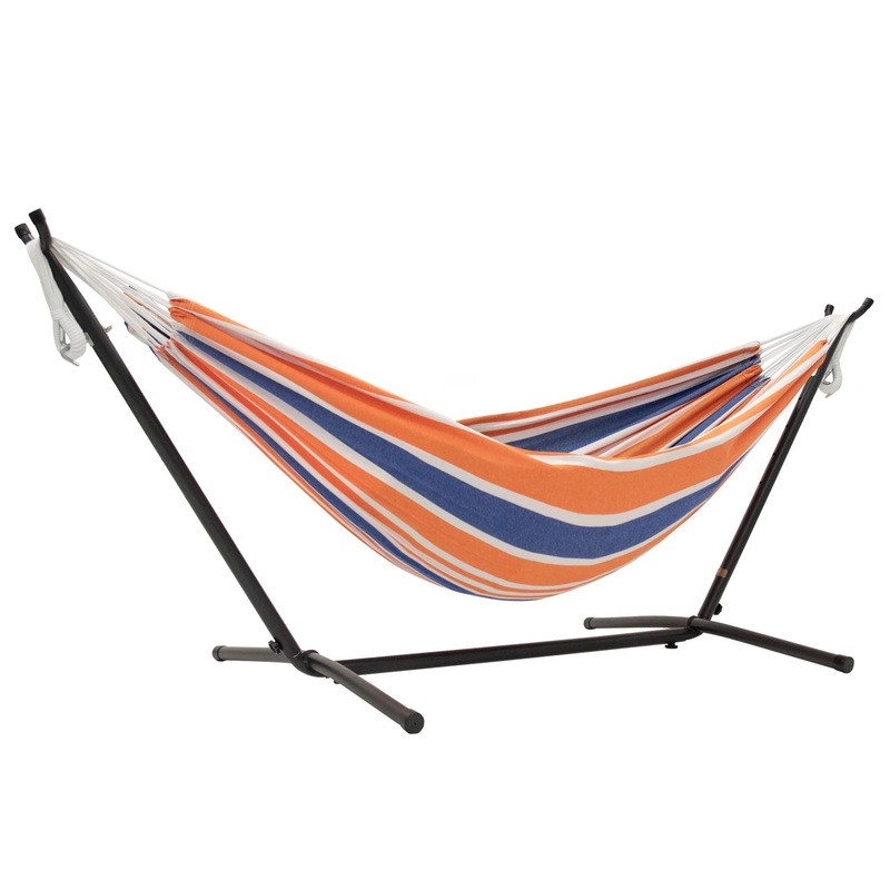Vivere Double Cotton Hammock, Comfortable Daybed, Steel Stand, 9′, Orange Punch