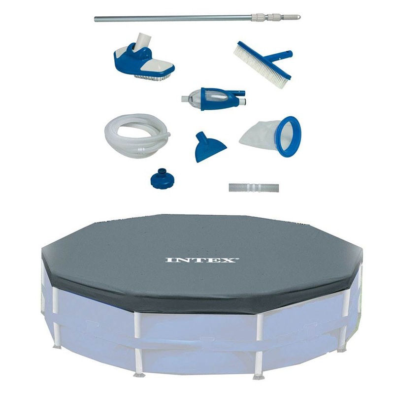 Intex Deluxe Maintenance Cleaning Kit & 12-Foot Round Frame Easy Set Pool Cover