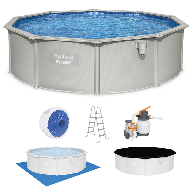 Bestway Hydrium 15′ x 48 Round Steel Wall Above Ground Swimming Pool Set, Gray