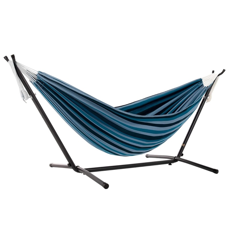 Vivere Double Cotton Hammock, Comfortable Daybed, Steel Stand, 9′, Blue Lagoon