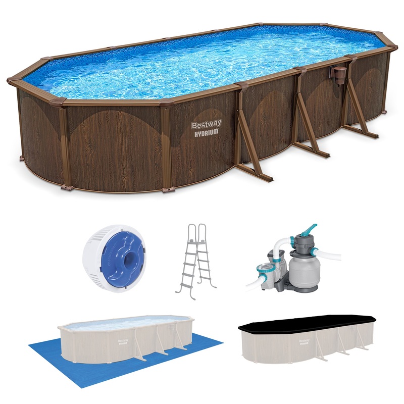 Bestway Hydrium 24’x12’x52 Oval Above Ground Swimming Pool Set, Brown Woodgrain