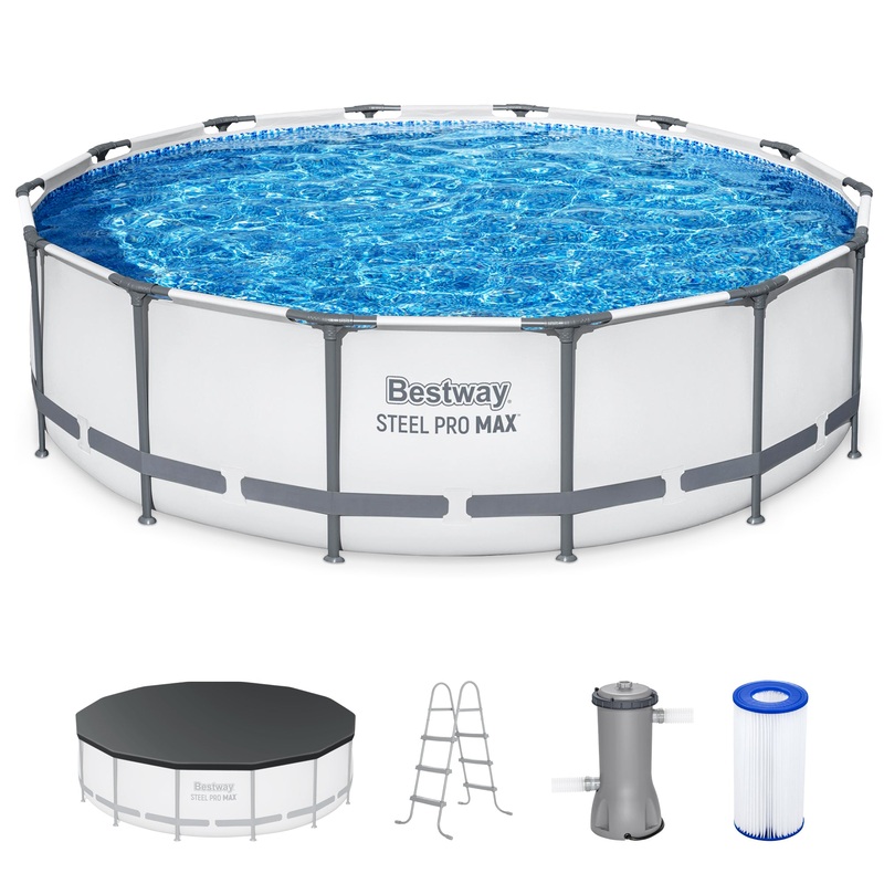 Bestway Steel Pro MAX 14′ x 42 Above Ground Outdoor Swimming Pool Set, Gray